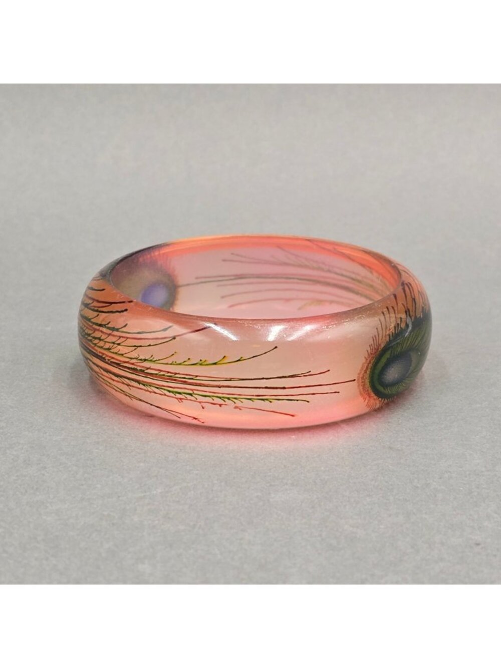 Vintage Lucite Peacock Feather Bangle Bracelet Pink Painted Retro Statement 60s - Picture 2 of 11